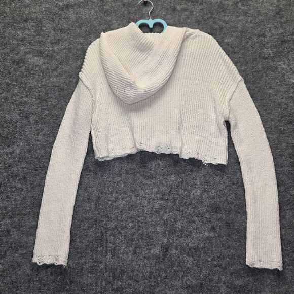 Moon & Madison Sweater Womens Large White Cropped Zip Hoodie Knit Distressed - Picture 6 of 11